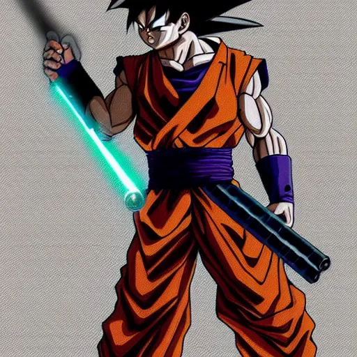 Prompt: Goku wearing a brown floor length rober welding a lightsaber, sci Fi, concept art, detailed, stylized