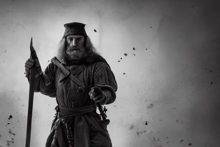 Image similar to still photo of medieval age man looking at the camera in a battlefield, black and white color aesthetic, highly detailed, photorealistic portrait, bright studio setting, studio lighting, crisp quality and light reflections, unreal engine 5 quality render