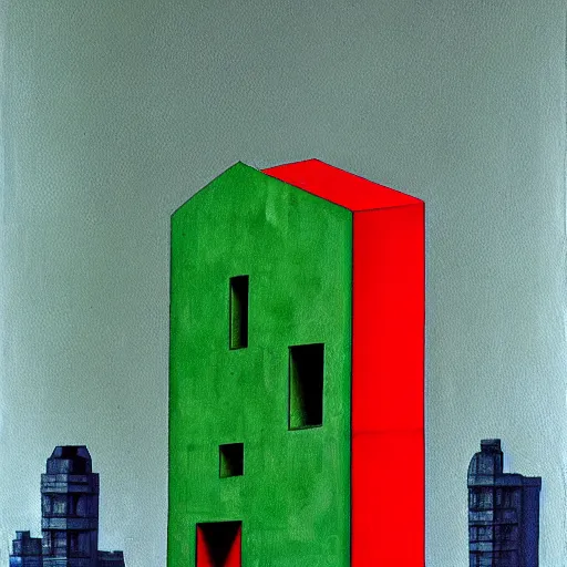 Prompt: a real concrete building with anthropomorphic qualities. one building that reminds me of a green lizart with a red mouth. clearly a building. a painting of sceptile by yves tanguy ricardo bofill