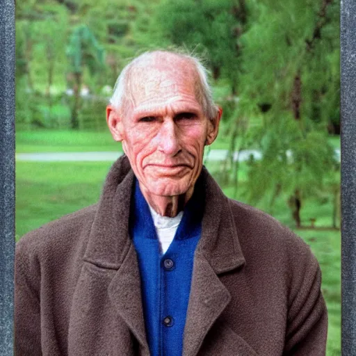 Image similar to A photograph portrait of old Jerma985 in his eighties who looks like Jerma985 wearing an overcoat in the 1990s, Jerma985, looks like Jerma985, taken in the early 1990s, taken on a 1990s Camera, realistic, hyperrealistic, very realistic, highly detailed, very detailed, extremely detailed, detailed, digital art, trending on artstation, headshot and bodyshot