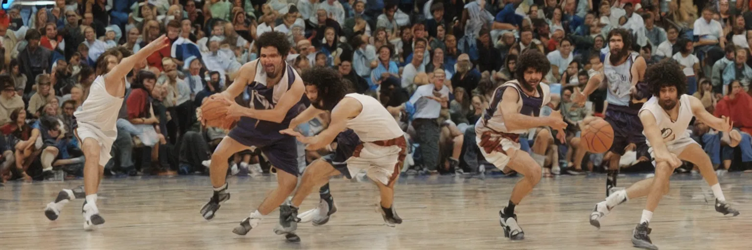 Prompt: picture of caveman playing basketball