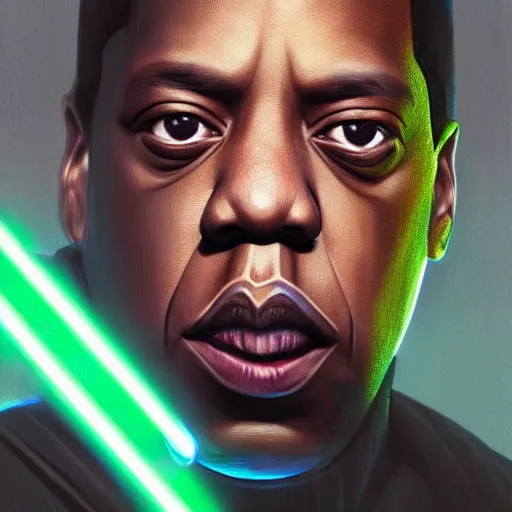Image similar to Jay-Z as a Jedi from Star Wars fighting darth Vader , green light saber, realistic portrait, symmetrical, highly detailed, digital painting, artstation, concept art, smooth, sharp focus, illustration, cinematic lighting, art by artgerm and greg rutkowski and alphonse mucha