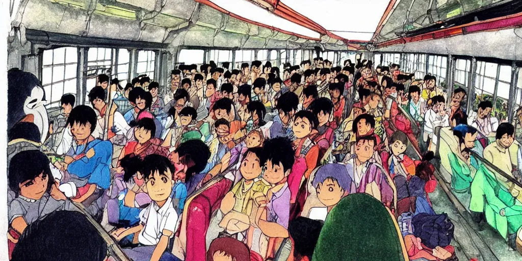 Prompt: inside sri lankan bus, drawn by hayao miyazaki