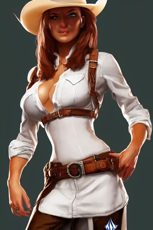 Image similar to full body, female cowgirl, perfect face, white blouse, holster, 8 k, magic the gathering, desert, d & d, artstation, high detail, smooth, muscular