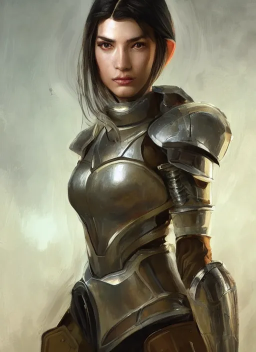 Image similar to a professional painting of a beautiful young female, clothed in military armor, olive skin, long dark hair, beautiful bone structure, symmetrical facial features, intricate, elegant, digital painting, concept art, smooth, sharp focus, illustration, from Knights of the Old Republic, by Ruan Jia and Mandy Jurgens and Artgerm and William-Adolphe Bouguerea