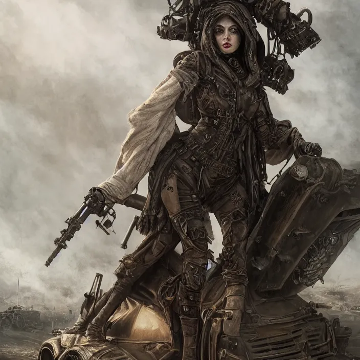 Image similar to beautiful apocalyptic woman in hooded cloak, standing on mad max panzer tank, hyper-detailed, smooth, sharp focus, 4k ultra hd, fantasy dark art, tank girl, artgerm, artstation, octane render, elegant, detailed digital painting, apocalyptic art