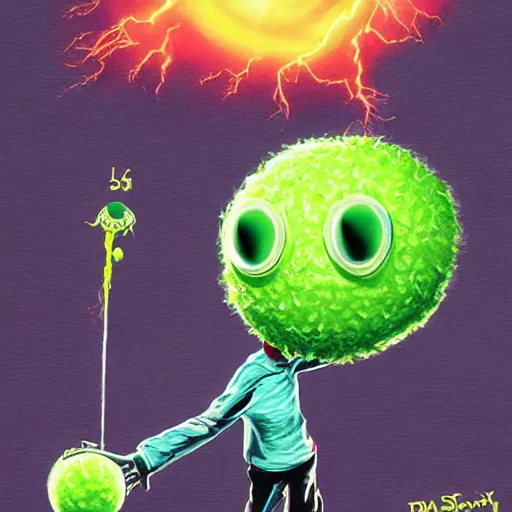 Image similar to a eminem slim shady tennis ball monster, tennis ball, lightning, chalk, digital art, fantasy, magic, trending on artstation, ultra detailed, professional illustration by Basil Gogos