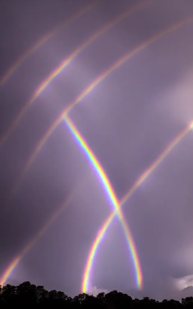 Image similar to dark night stormcloud, intricated multiple rainbows with ring shapes, light gleams and beams photography