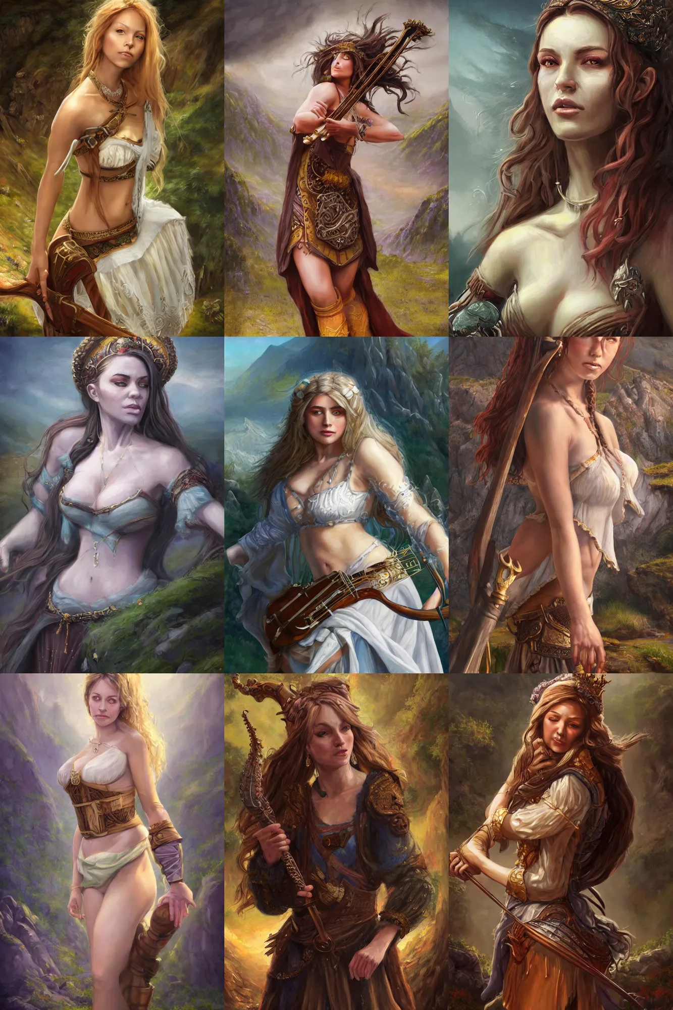 Prompt: a full body high detail fantasy portrait oil painting illustration of a single beautiful bard woman by justin sweet and artherm with face and body clearly visible, in a scenic background, pretty eyes, realistic proportions, d & d, rpg, forgotten realms, artstation trending, high quality, sombre mood, artstation trending, muted colours, entire person visible!