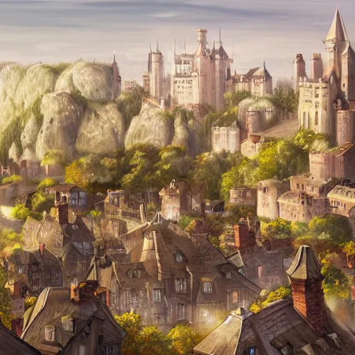 Image similar to elegant fantasy capital city, in the foreground sprawling houses and shops lining the crowded streets. in the background is a large stone castle with several tall spires. realistic, highly detailed painting concept art style