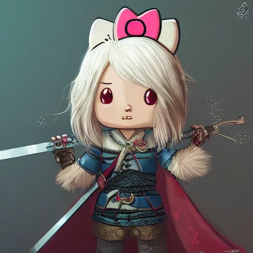 Image similar to Hello Kitty as a Witcher, by Stanley Artgerm Lau, WLOP, Rossdraws, James Jean, Andrei Riabovitchev, Marc Simonetti, Yoshitaka Amano, ArtStation, CGSociety,