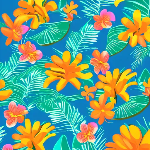 Image similar to Vector illustration of tropical flowers with multiple cohesive colors ranging from warms blues to bright oranges on a dark background, 4K resolution, digital art