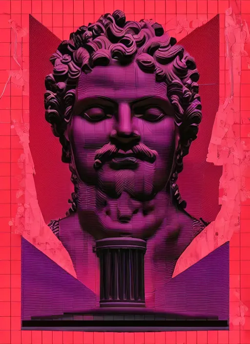 Image similar to black background!!!!!!!!!, with subtle red and purple design elements, statue of zeus, nekro, graphic design, collage art, thin lines, dark, glitch art, neo vaporwave, gritty, layout frame, square, trending on artstation