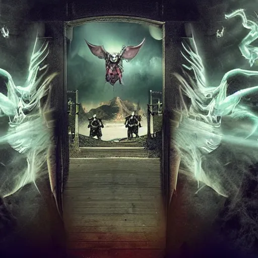 Image similar to ghosts flying through virtual gate of digital dreams, chaotic, demonic, devil, evil, doom