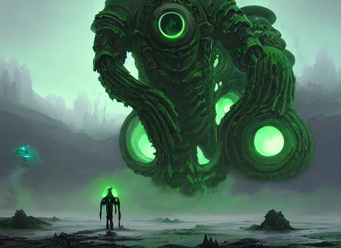 Image similar to giant monstrous green aggressive squid monster towering over man in white armor who has a gleaming sword made of black fire. The foreground is covered by mystical, translucent mist, epic science fiction horror digital matte painting by Simon Stalenhag and Mark Brooks (and Greg Rutkowski), extremely detailed, artstation