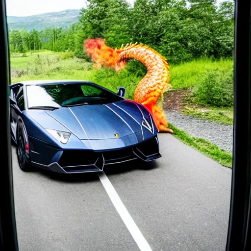 Image similar to a dragon stomping on a lamborghini, view from inside the cabin