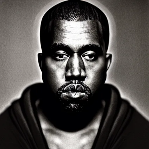 Image similar to a chiaroscuro lighting portrait of kanye west dressed as rick owens, black background, portrait by julia margaret cameron, shallow depth of field, 8 0 mm, f 1. 8