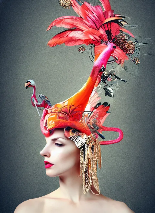 Image similar to woman with headdress, alexander mcqueen, flamingo baroque style, panfuturism, clockwork, floral, spider web, epic, hybrid, extravagant, retro futuristic, bold natural colors, masterpiece, trending on artstation, photography