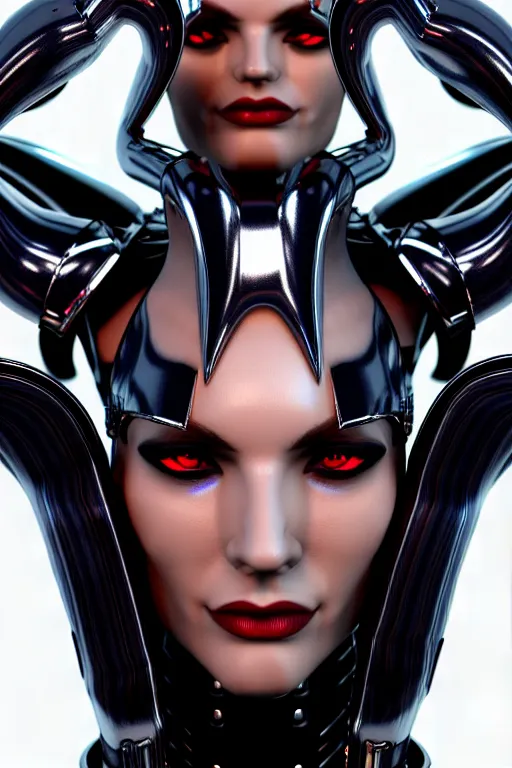 Image similar to beautiful powerful female glossy futuristic cyborg with curved metal Loki horns and chrome motorcycle parts, full body, dark fantasy, neon bar lights, 3d render, octane, 8k, volumetric lighting, hyper-realistic,, diffuse lighting, intricate, highly detailed, life like, photorealistic, digital painting, trending on artstation, smooth, sharp focus