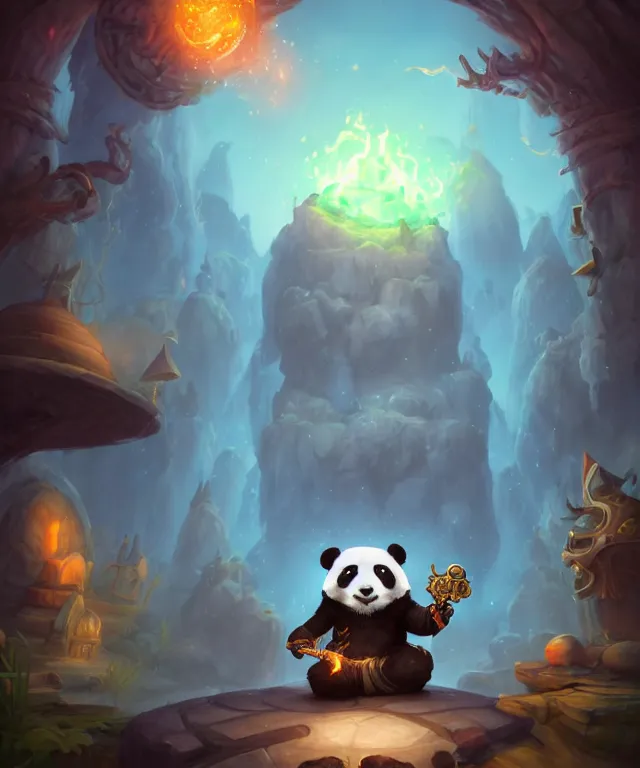 Prompt: a portrait an anthropomorphic panda mage casting a spell, wearing mage robes, landscape in background, cute, dnd character art portrait, by world of warcraft and peter mohrbacher, cinematic lighting