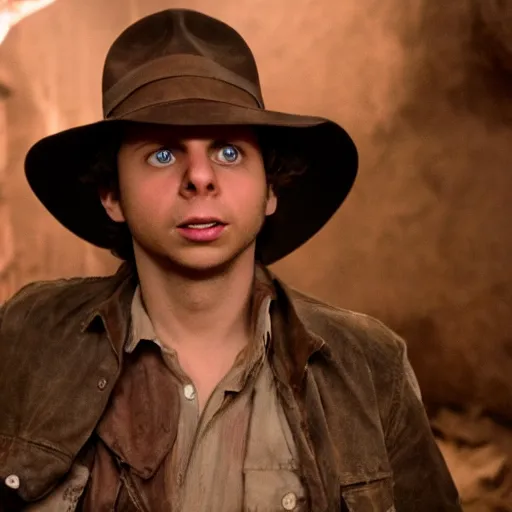 Image similar to Michael Cera as indiana jones in raiders of the lost ark, 8k resolution, full HD, cinematic lighting, award winning, anatomically correct