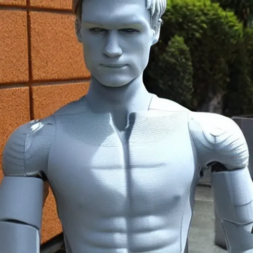 Image similar to a realistic detailed photo of a guy who is an attractive humanoid who is half robot and half humanoid, who is a male android, soccer player martin ødegaard, shiny skin, posing like a statue, blank stare, by the pool, on display, showing off his muscles, humanoid robot, frozen ice statue