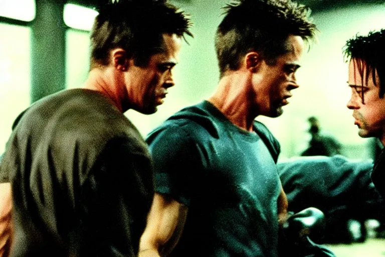 Prompt: color film still, brad pitt punches batman, high quality ; fight club ( 1 9 9 9 )