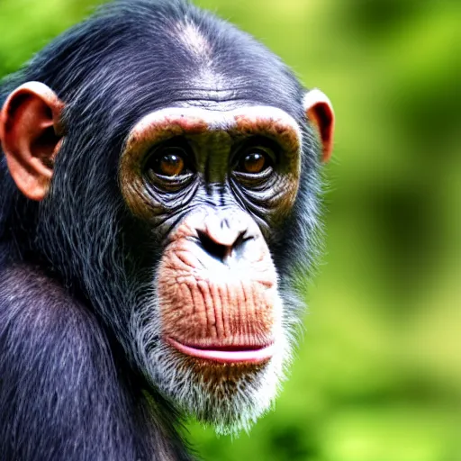 Image similar to chimpanzee looking curiously at a cyborg, hd photograph