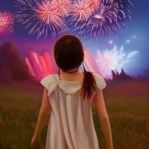 Image similar to girl watching watching fireworks on a hill, digital art, by ben weiner, richard estes, range murata, akiyuki shinbou, yoshitaka amano highly detailed, realistic, cinematic, bold colours, photorealism, 4 k, wide angle lens, trending on artstation