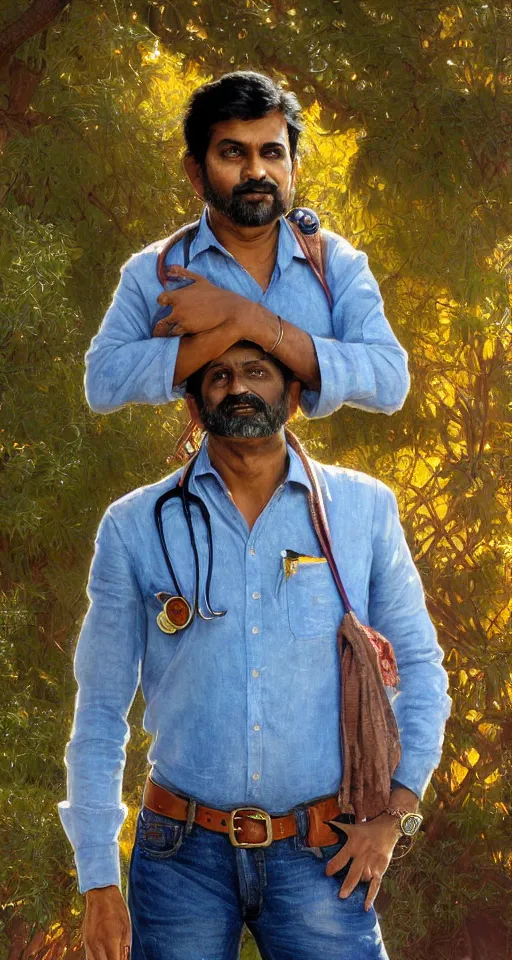 Image similar to close up a beautiful Indian doctor wearing jeans and a shirt in Texas in 2022, sun shining, photo realistic illustration by greg rutkowski, thomas kindkade, alphonse mucha, loish, norman rockwell.