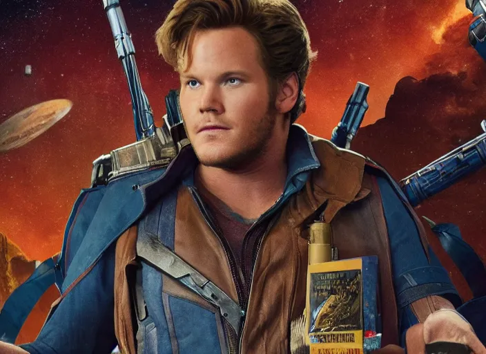 Prompt: a very high resolution image from a new movie, starlord. in a room full of posters and vinyls. mountains, directed by wes anderson