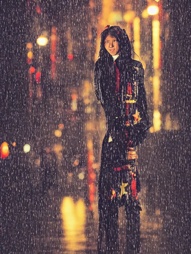 Image similar to night flash portrait photography of a high school girl in uniform on the lower east side by annie leibovitz, colorful, nighttime!, raining!