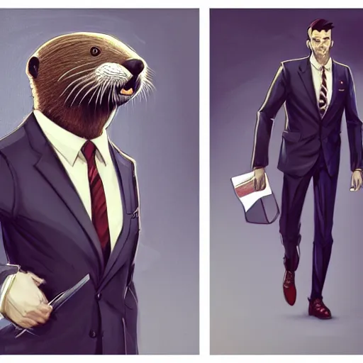 Image similar to well proportioned, stylized expressive master furry art painting of an anthro otter, headshot, wearing suit and tie, walking to his job character portrait feature stylized by blotch, rukis, charlie bowater, ross tran, artgerm, makoto shinkai, detailed, soft lighting, rendered in octane