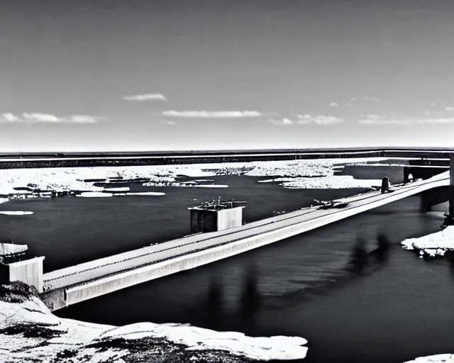 Prompt: the biggest iron concrete bridge ever built. Spanning the arctic sea, connecting two distant lands