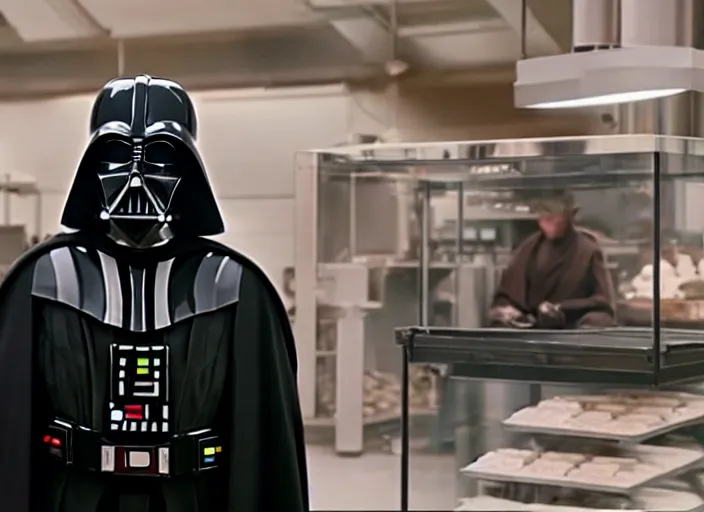 Prompt: film still of Darth Vader working as a chocolatier in the new Star Wars movie, 4k