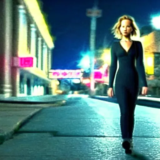 Image similar to cinematic jennifer lawrence standing in the street at night, color photography, sharp detail, amused, still from the movie sonic the hedgehig