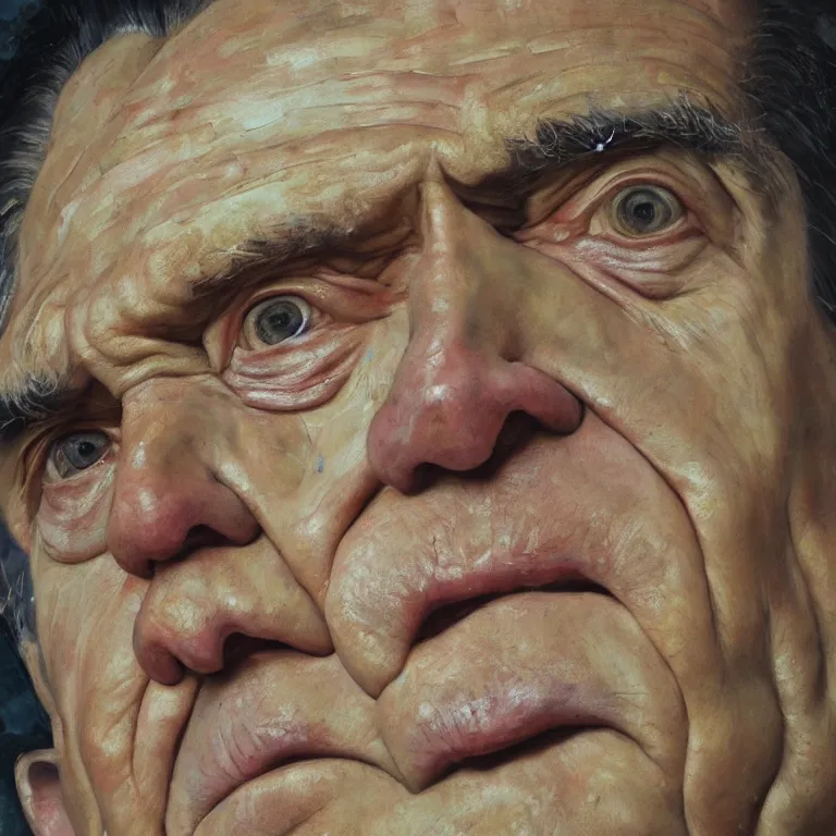 Prompt: close up studio portrait of aging old Richard Nixon age 115 wrinkled sad, shiny impasto oil painting by Lucian Freud and Tim Hawkinson and Cy Twombly, trending on artstation Studio lighting Expressionism