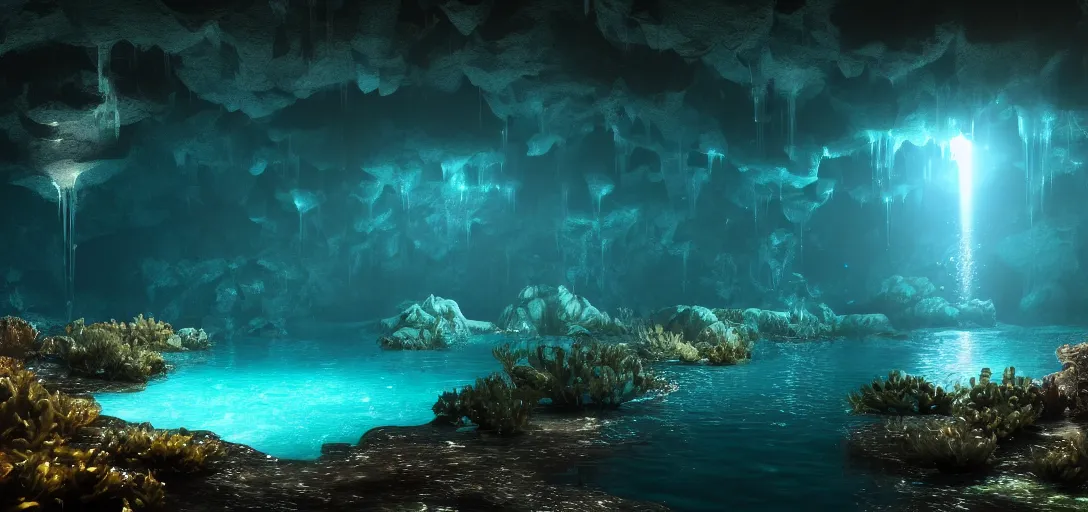 Prompt: beautiful view of an underwater cavern, glowing water with caustics, dark atmosphere, dappled light, reflections, bubbles, refraction, symmetry, cinematic lighting, ultra detailed, sharp, ambient occlusion, bloom, raytracing, by dylan cole, sebastian meyer and jordan grimmer