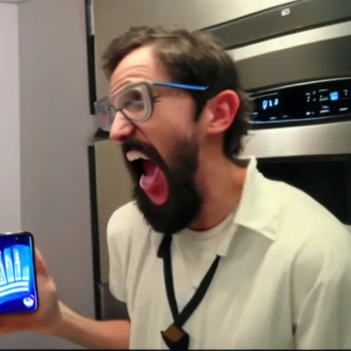 Prompt: photo still from a vlog, a scientist wearing a velociraptor costume, complaining about his samsung refrigerator