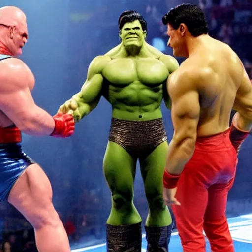 Image similar to supermen and hulk at WWE smacking down Vince McMahon