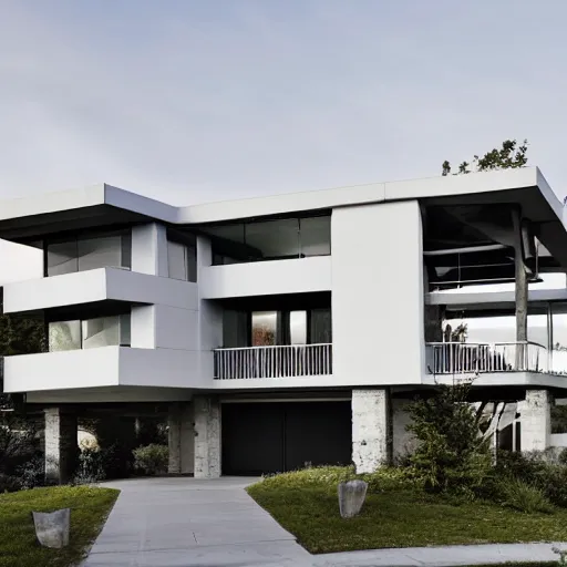 Image similar to second story elevated white brutalist home perched atop 2 equidistant separated large piers, double cantilevered design, large windows, elegant, white stone, proportion, golden ratio, epic composition, steel window mullions, cars parked underneath