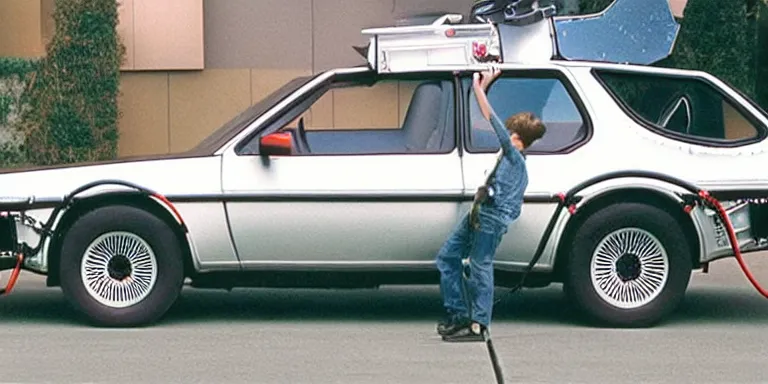 Image similar to Photorealistic cinematography of the rear of a the “Back To The Future Time Machine” from the film “Back To The Future” + reversing down a ramp out of Doc Browns “1984 white GMC Value Van” at night + filmed on location at ultra photorealistic “Back To The Future” “Twin Pines Mall” parking lot Set located at Puente Hills Mall, 1600 South Azusa Avenue, City of Industry, California At night By “Back To The Future” Cinematographer Dean Cundey at night 5