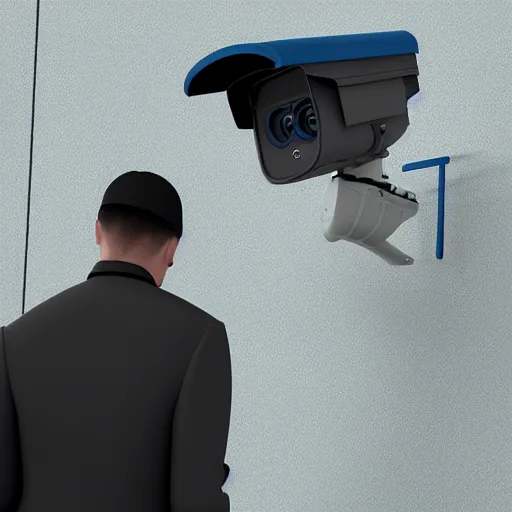 Image similar to a man with a police man with a security camera for a head, detailed, realistic