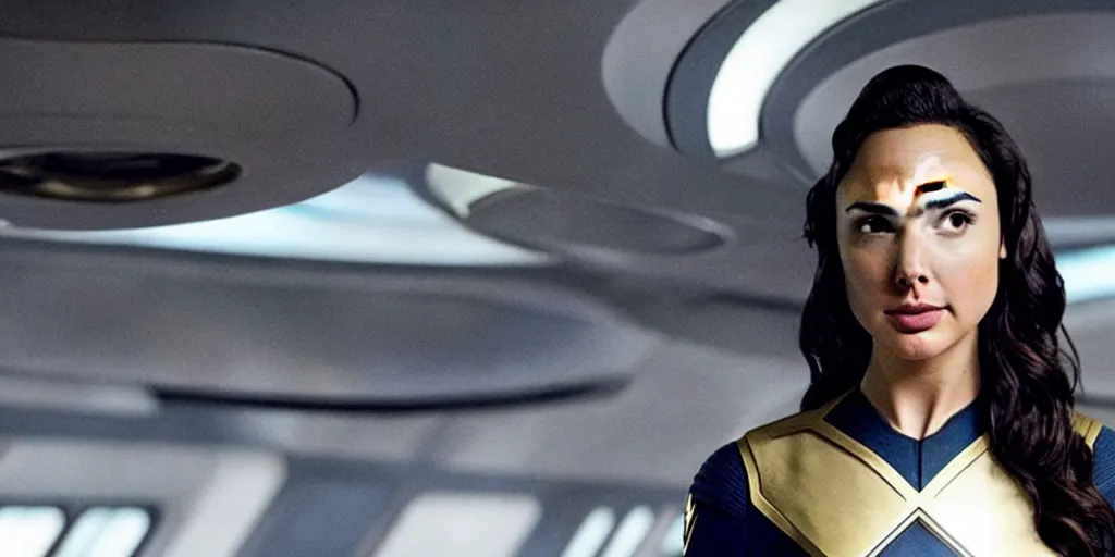 Image similar to gal gadot, in full starfleet uniform, is the captain of the starship enterprise in the new star trek movie