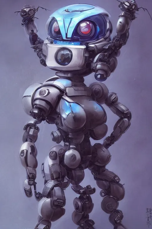 Image similar to cute spider bot from ghost in the shell, spider Tachikoma, tiny, small, miniature bot Tachikoma, baby Robot, short, pale blue armor, cute and adorable, pretty, beautiful, DnD character art portrait, matte fantasy painting, cgsociety Artstation, by Jason Felix by Steve Argyle by Tyler Jacobson by Peter Mohrbacher, cinematic lighting