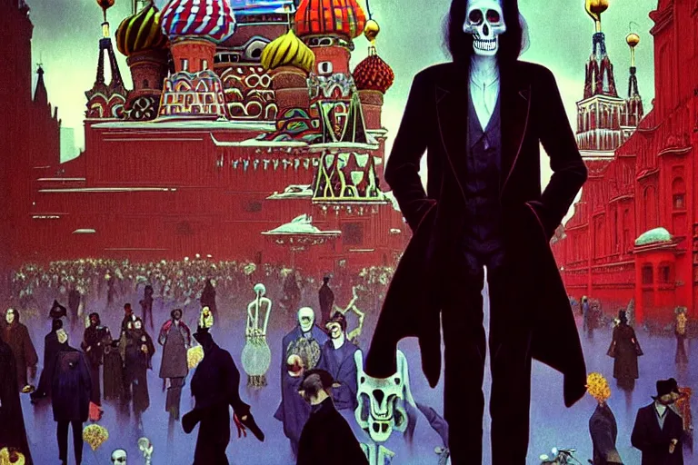 Image similar to realistic detailed photorealistic film portrait shot of a single skeleton wearing crimson velvet blazer in a crowded futuristic moscow street by Denis Villeneuve, Amano, Yves Tanguy, Alphonse Mucha, Ernst Haeckel, Andrei Tarkovsky, Edward Robert Hughes, Roger Dean, rich moody colours, wide angle, blue eyes