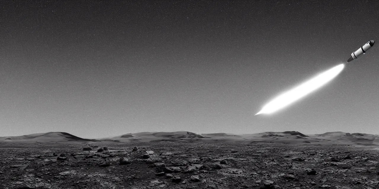 Image similar to black and white photo of a rocket landing on bright mars, black background, cinematic film still, high contrast, astrophotography, 4 k, hard lighting, cgi, octante render,