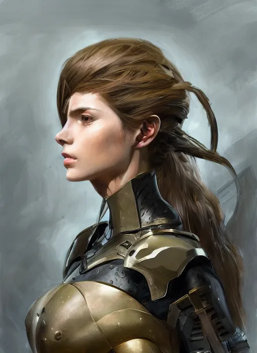 Image similar to a professional painting of a beautiful young female, clothed in military armor, olive skin, long dark hair, beautiful bone structure, symmetrical facial features, intricate, elegant, digital painting, concept art, smooth, sharp focus, illustration, from Metal Gear, by Ruan Jia and Mandy Jurgens and Artgerm and William-Adolphe Bouguerea