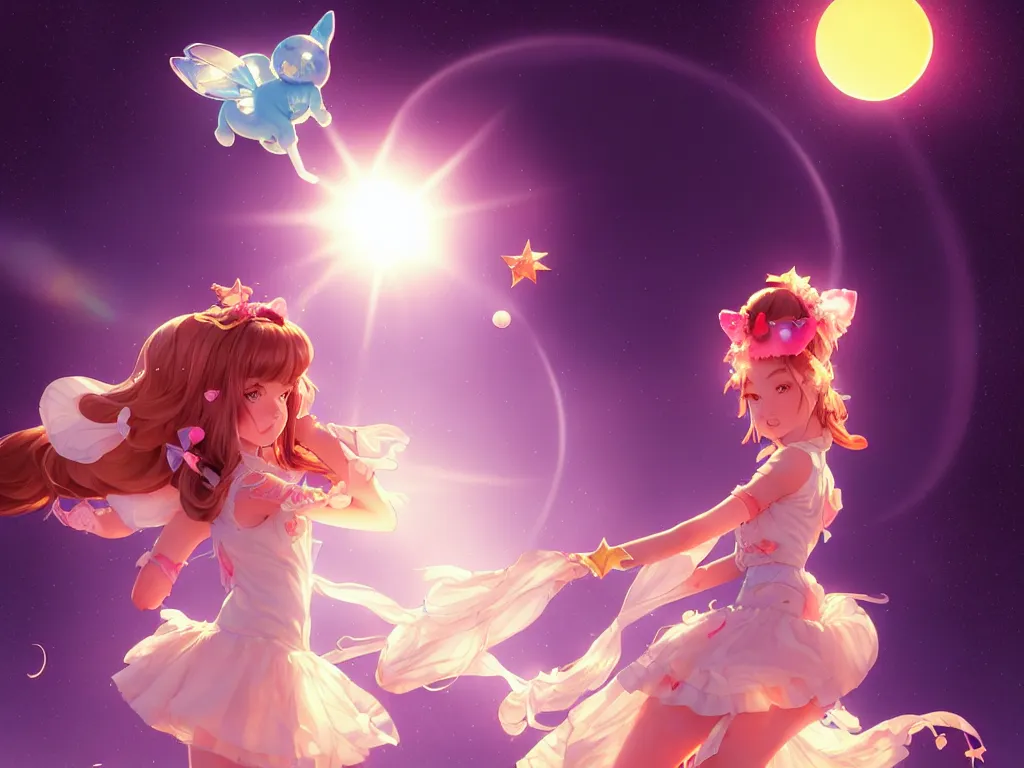 Image similar to bubbly lovely hopefully magical girl flying to the sun set with her kitty, occlusion shadow, specular reflection, rim light, unreal engine, artgerm, artstation, art by hiroaki samura and ilya kuvshinov and ossdraws, high quality, intricate detailed 8 k, fantasy illustration, extremely beautiful and aesthetic shape of face and body, movie poster