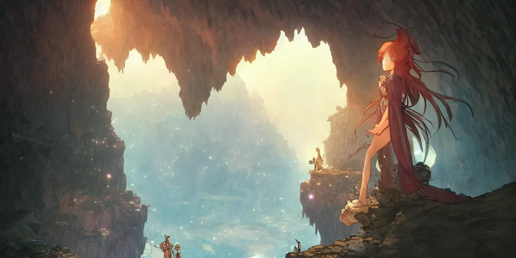 Image similar to the girl and the cave. anime, fantasy, smooth. torches, dark, digital painting, by hayao miyazaki and rossdraws and artgerm and chie yoshii and detmold and greg rutkowski and alphonse mucha. artstation. high quality, stunning, intricate detailed environment. 8 k